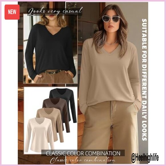 Plus Size Long Sleeve V-Neck Tunic Tops 4 Pack Loose Fit Fall Clothes - Picture 5 of 7